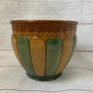 Antique Brown Green Striped Pottery Planter Majolica Glaze Floral Medallions